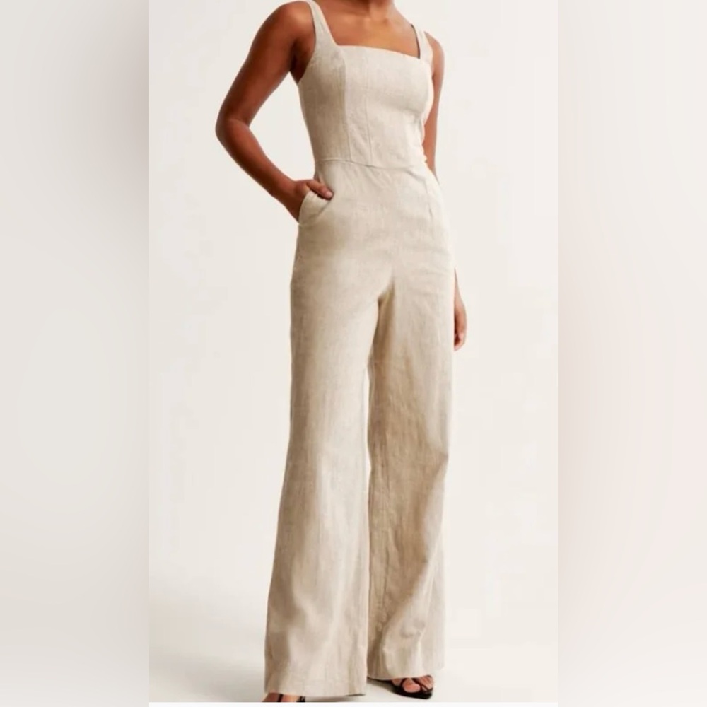 Abercrombie & Fitch Tan Linen Wide Leg Jumpsuit Sz Medium/Tall